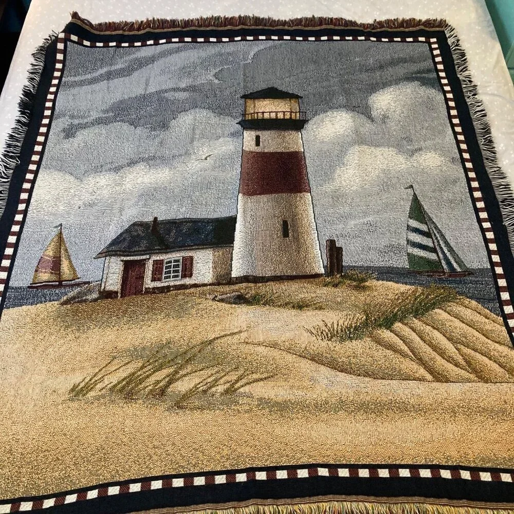 Vintage Woven Cotton Throw Blanket‎ Lighthouse Island 44 x 60